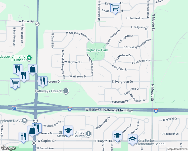 map of restaurants, bars, coffee shops, grocery stores, and more near 4112 North Haymeadow Avenue in Appleton