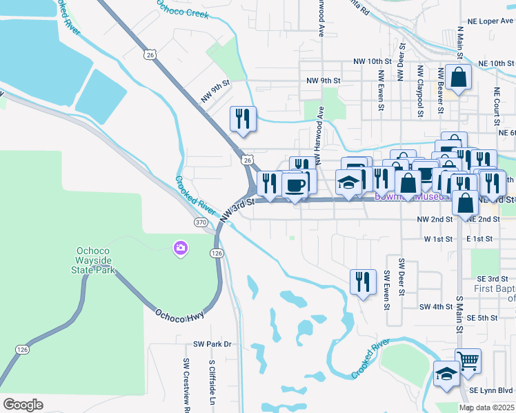 map of restaurants, bars, coffee shops, grocery stores, and more near 976 Northwest 3rd Street in Prineville