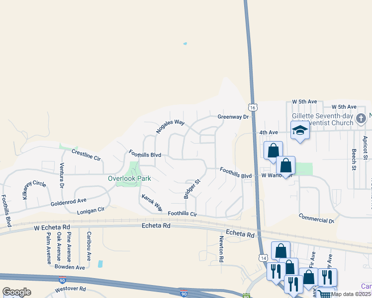 map of restaurants, bars, coffee shops, grocery stores, and more near 804 Greenway Drive in Gillette