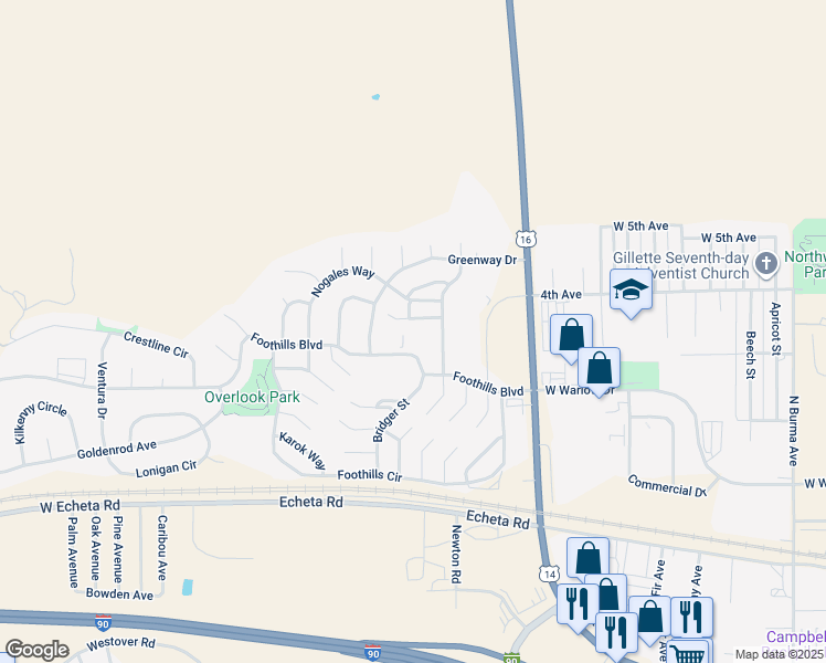 map of restaurants, bars, coffee shops, grocery stores, and more near 805 Mountain Meadow Drive in Gillette