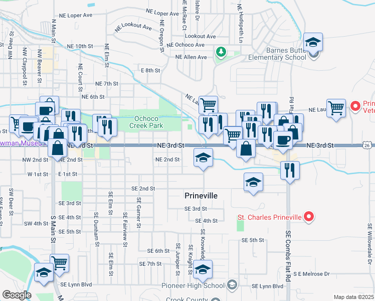 map of restaurants, bars, coffee shops, grocery stores, and more near 1000 Northeast 3rd Street in Prineville