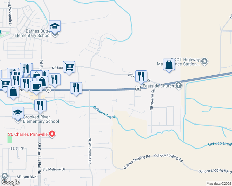 map of restaurants, bars, coffee shops, grocery stores, and more near 2402 Northeast 3rd Street in Prineville