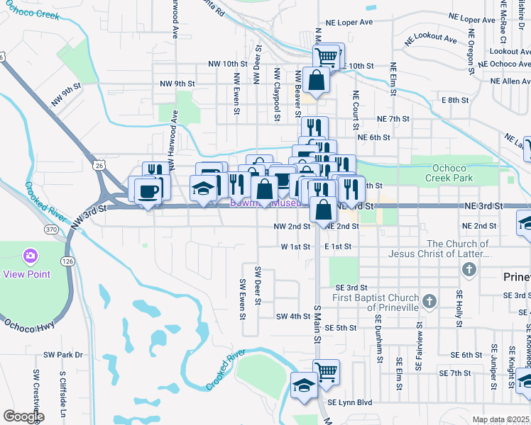 map of restaurants, bars, coffee shops, grocery stores, and more near 398 Northwest 3rd Street in Prineville