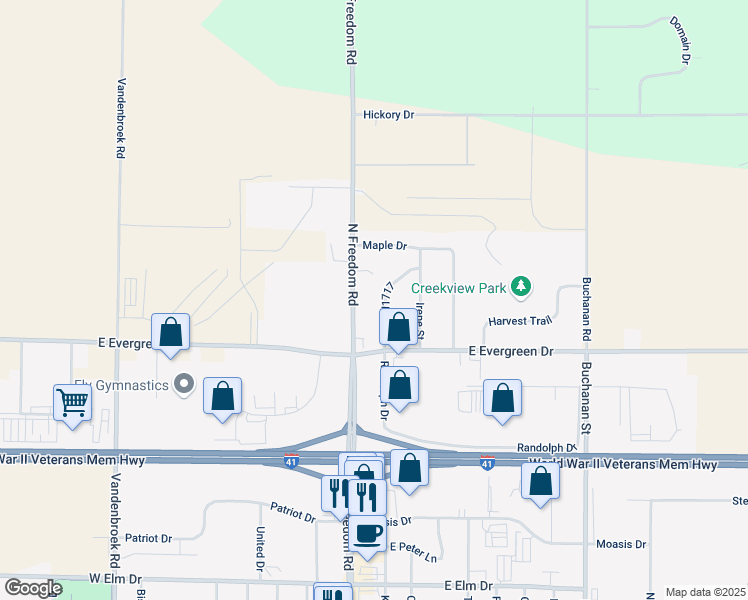 map of restaurants, bars, coffee shops, grocery stores, and more near 3345 Streamview Lane in Appleton
