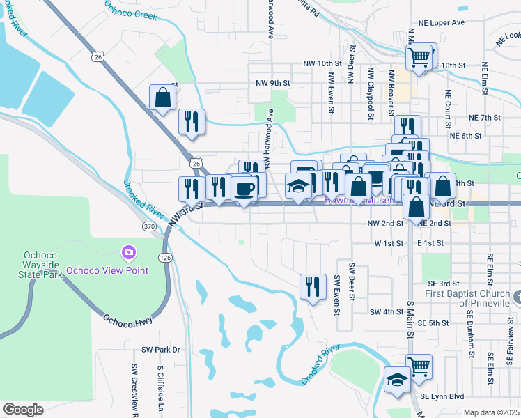 map of restaurants, bars, coffee shops, grocery stores, and more near 778 Northwest 3rd Street in Prineville