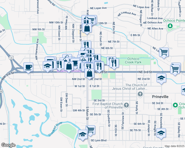 map of restaurants, bars, coffee shops, grocery stores, and more near 136 Northeast 3rd Street in Prineville