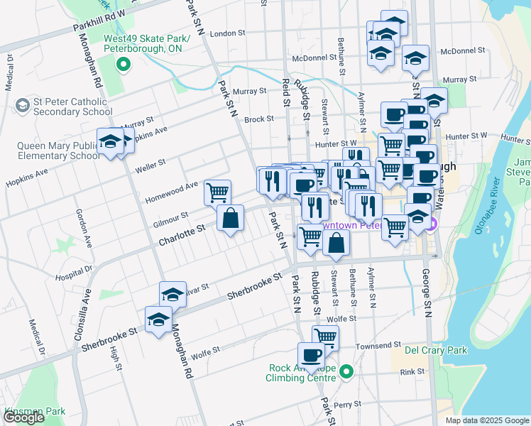 map of restaurants, bars, coffee shops, grocery stores, and more near in Peterborough