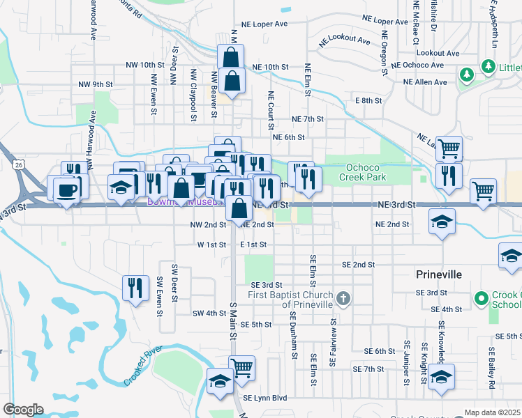 map of restaurants, bars, coffee shops, grocery stores, and more near 136 Northeast 3rd Street in Prineville
