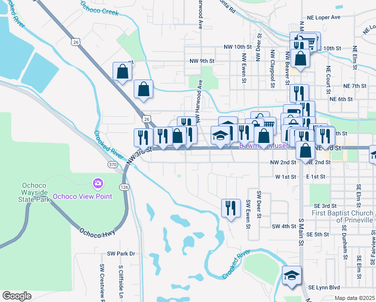 map of restaurants, bars, coffee shops, grocery stores, and more near 778 Northwest 3rd Street in Prineville