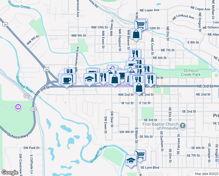 map of restaurants, bars, coffee shops, grocery stores, and more near 398 Northwest 3rd Street in Prineville
