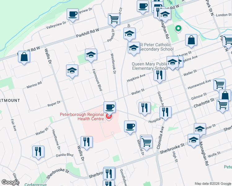 map of restaurants, bars, coffee shops, grocery stores, and more near 1443 Westbrook Drive in Peterborough