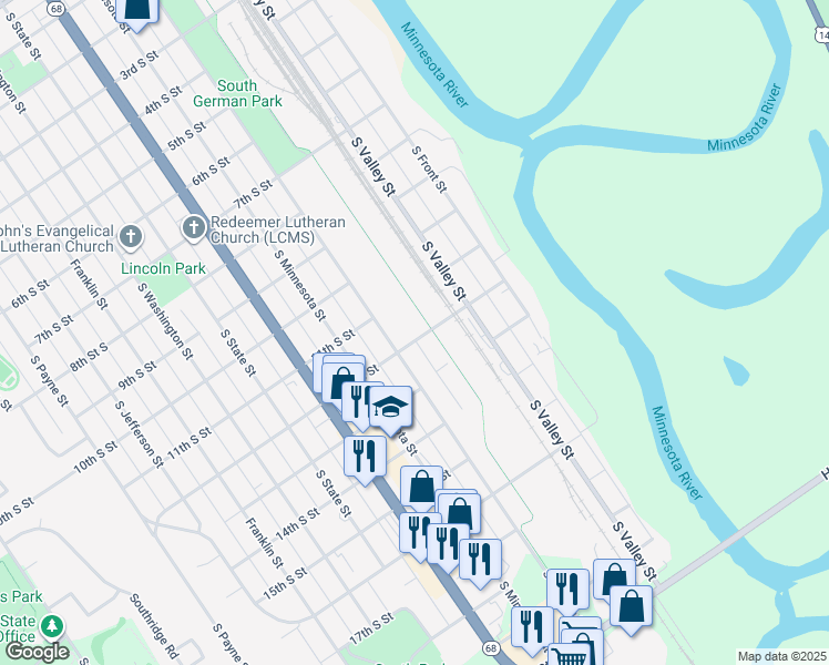 map of restaurants, bars, coffee shops, grocery stores, and more near 1127 South German Street in New Ulm