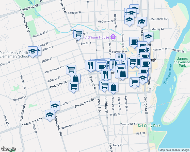 map of restaurants, bars, coffee shops, grocery stores, and more near 341 Charlotte Street in Peterborough