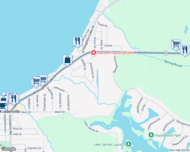 map of restaurants, bars, coffee shops, grocery stores, and more near 113 Peninsula Drive in Roscommon County