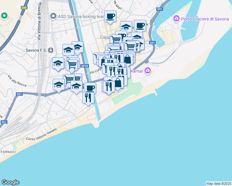 map of restaurants, bars, coffee shops, grocery stores, and more near 12 Corso Cristoforo Colombo in Savona
