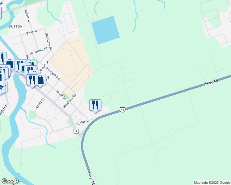 map of restaurants, bars, coffee shops, grocery stores, and more near 9 Cliff Thompson Court in Georgina