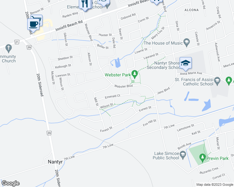 map of restaurants, bars, coffee shops, grocery stores, and more near 1925 Emerald Court in Innisfil