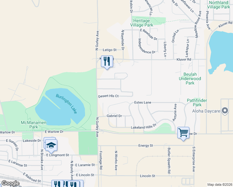 map of restaurants, bars, coffee shops, grocery stores, and more near 45 Desert Hills Court in Gillette