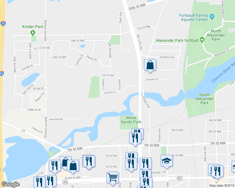 map of restaurants, bars, coffee shops, grocery stores, and more near 1715 Crystal Lane in Faribault
