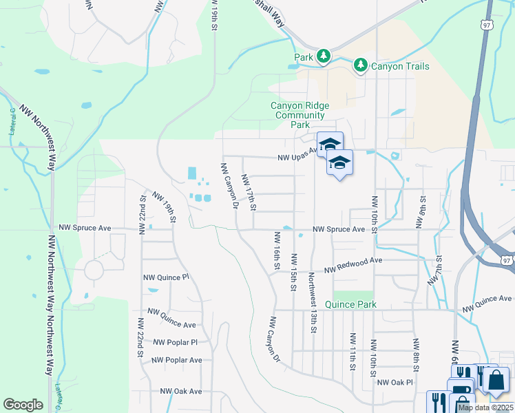 map of restaurants, bars, coffee shops, grocery stores, and more near 2843 Northwest 17th Street in Redmond