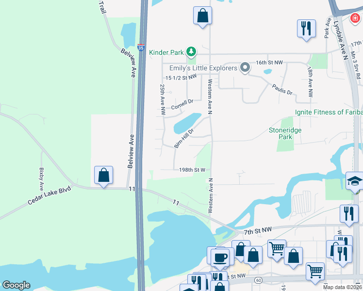 map of restaurants, bars, coffee shops, grocery stores, and more near 2441 Birn-Hill Drive in Faribault