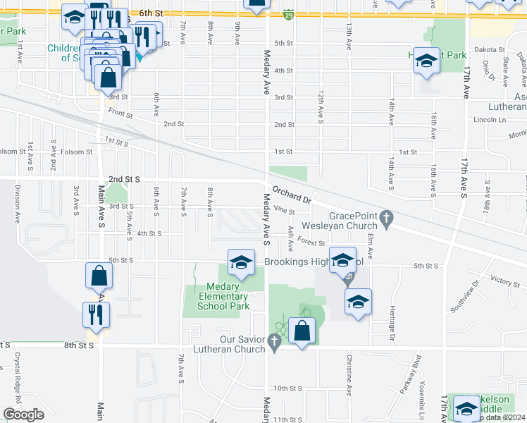 map of restaurants, bars, coffee shops, grocery stores, and more near 300 Medary Avenue South in Brookings