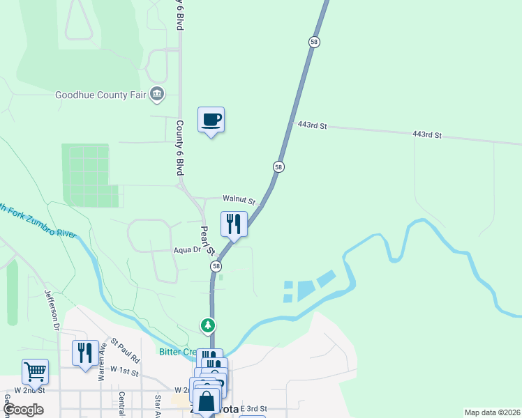 map of restaurants, bars, coffee shops, grocery stores, and more near 44269 Minnesota 58 in Zumbrota