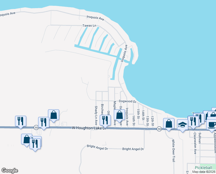 map of restaurants, bars, coffee shops, grocery stores, and more near 400 Ottawa Lane in Prudenville
