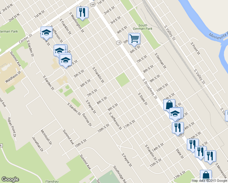 map of restaurants, bars, coffee shops, grocery stores, and more near 818 8th Street South in New Ulm