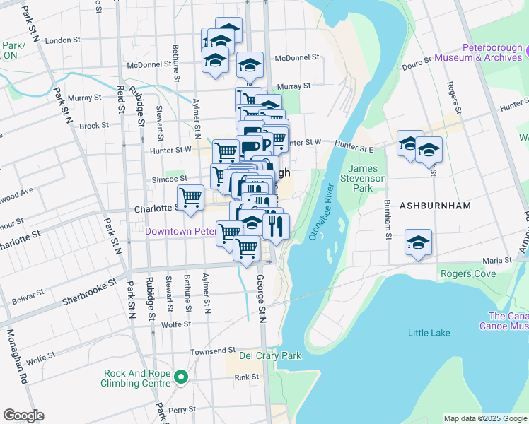 map of restaurants, bars, coffee shops, grocery stores, and more near 150 King Street in Peterborough