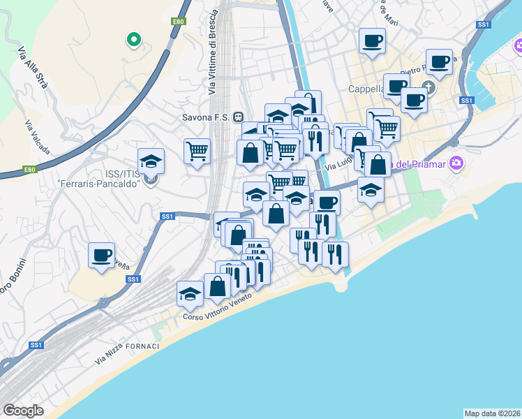 map of restaurants, bars, coffee shops, grocery stores, and more near 109 Corso Tardy e Benech in Savona