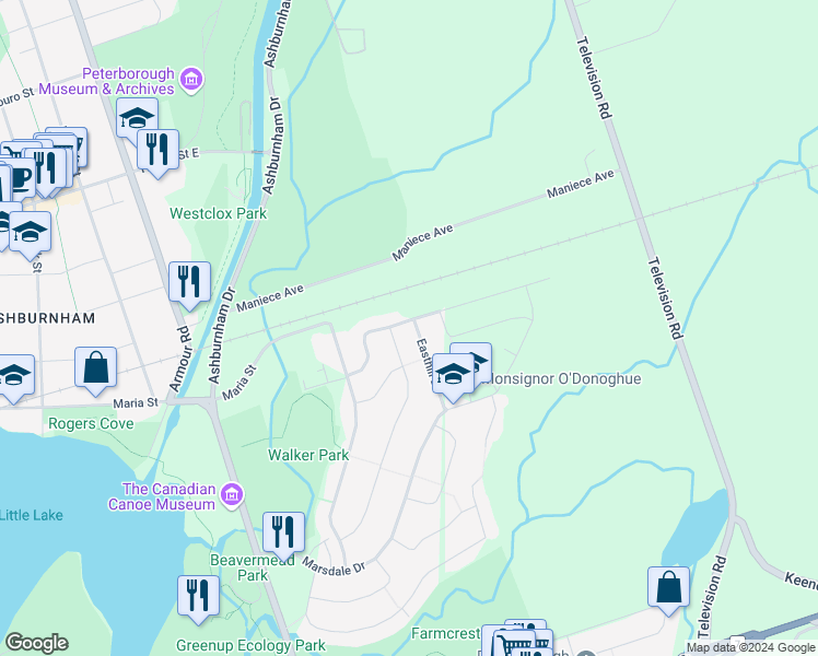 map of restaurants, bars, coffee shops, grocery stores, and more near in Peterborough