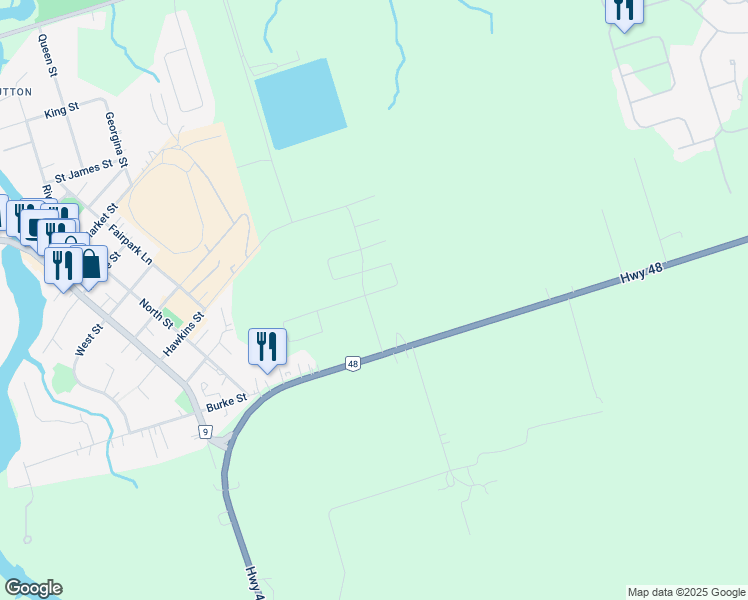 map of restaurants, bars, coffee shops, grocery stores, and more near 26216-26262 Ontario 48 in Georgina