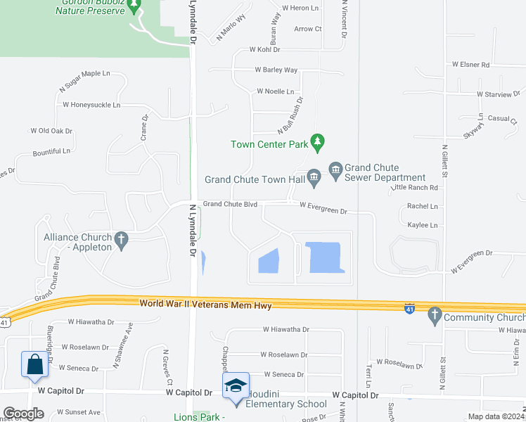 map of restaurants, bars, coffee shops, grocery stores, and more near 4019 Towne Lakes Avenue in Appleton