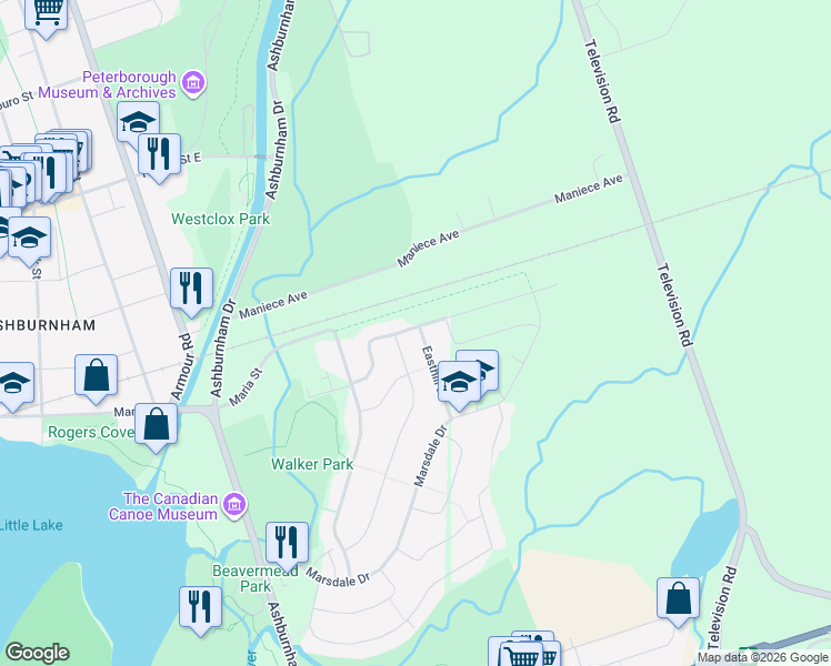 map of restaurants, bars, coffee shops, grocery stores, and more near 2607 Foxmeadow Road in Peterborough