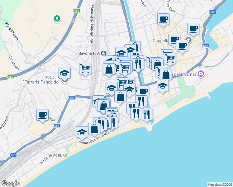 map of restaurants, bars, coffee shops, grocery stores, and more near 109 Corso Tardy e Benech in Savona
