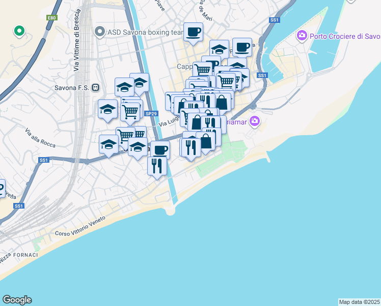 map of restaurants, bars, coffee shops, grocery stores, and more near 12 Corso Cristoforo Colombo in Savona