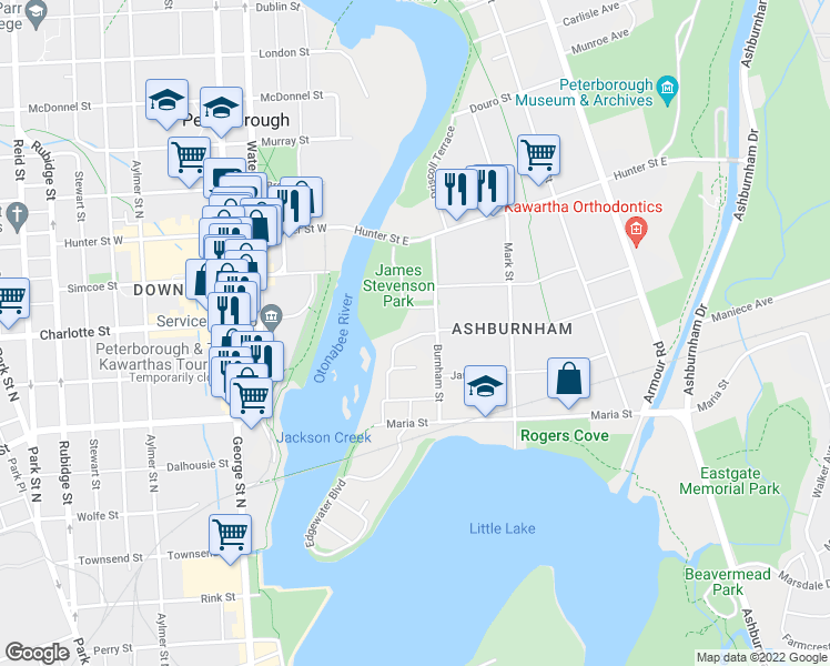 map of restaurants, bars, coffee shops, grocery stores, and more near 301 Engleburn Avenue in Peterborough