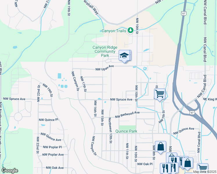 map of restaurants, bars, coffee shops, grocery stores, and more near 1442 Northwest Spruce Court in Redmond