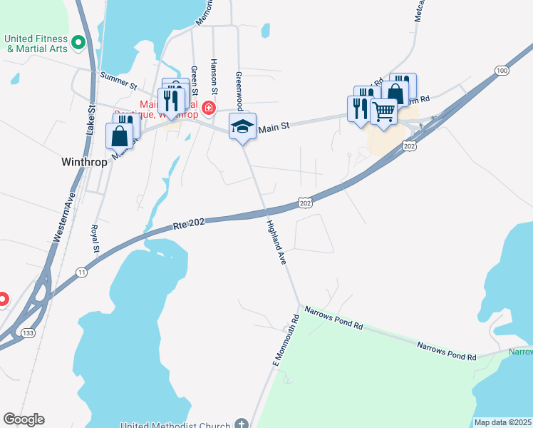 map of restaurants, bars, coffee shops, grocery stores, and more near 23 Highland Avenue in Winthrop