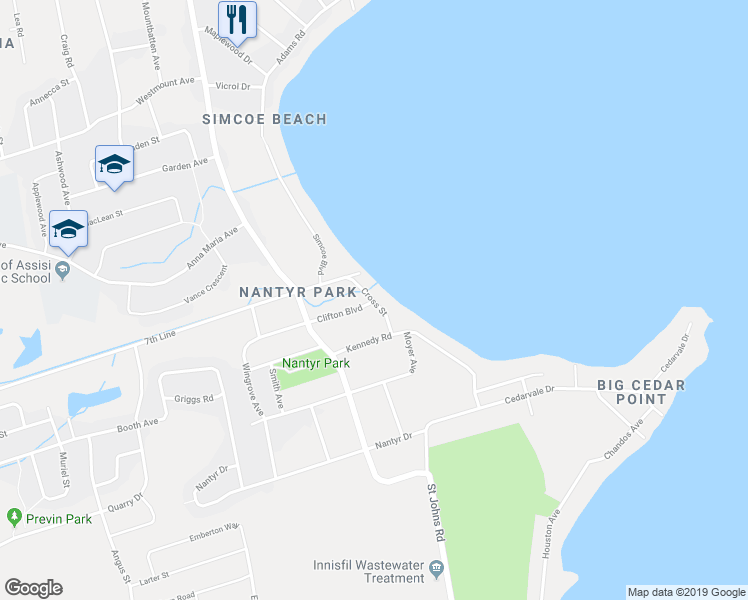 map of restaurants, bars, coffee shops, grocery stores, and more near Cross Street in Innisfil