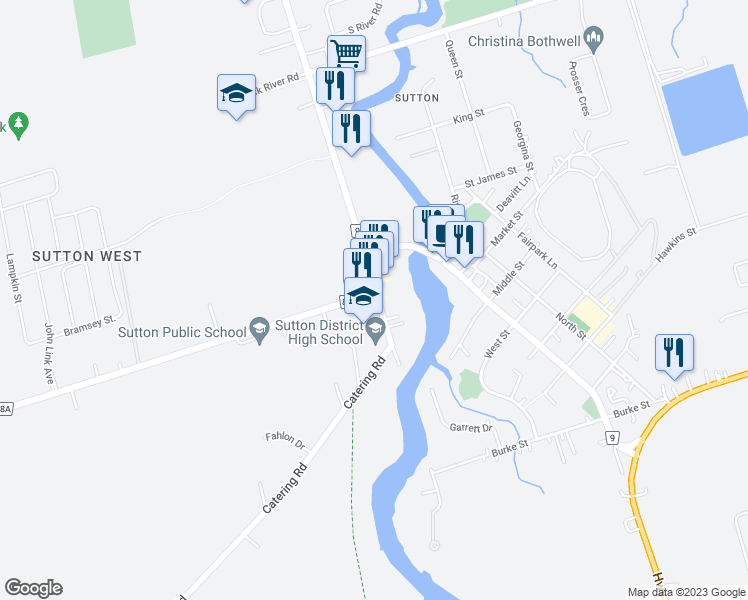 map of restaurants, bars, coffee shops, grocery stores, and more near 20806 Dalton Road in Georgina