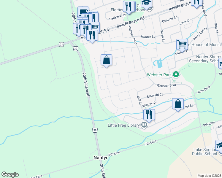 map of restaurants, bars, coffee shops, grocery stores, and more near 2087 Wilson Street in Innisfil