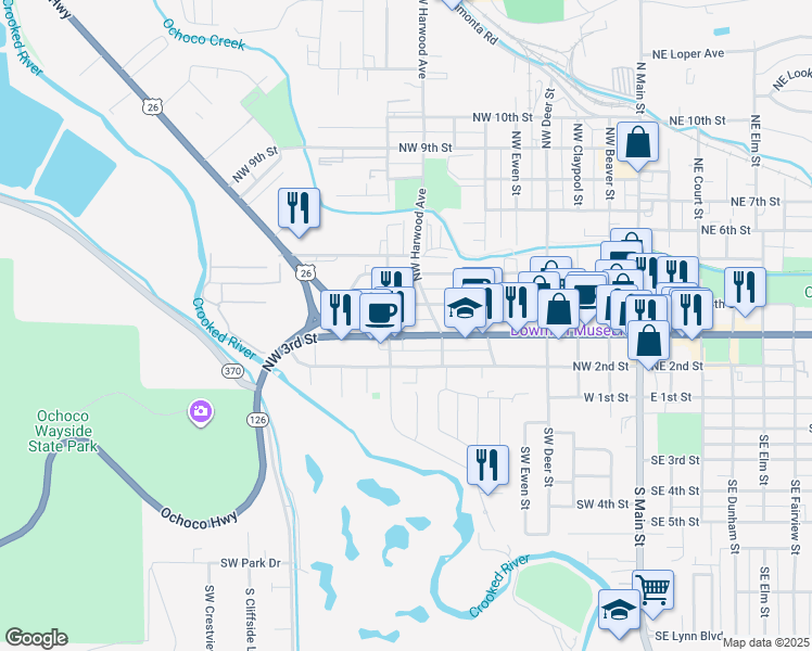 map of restaurants, bars, coffee shops, grocery stores, and more near 778 Northwest 3rd Street in Prineville