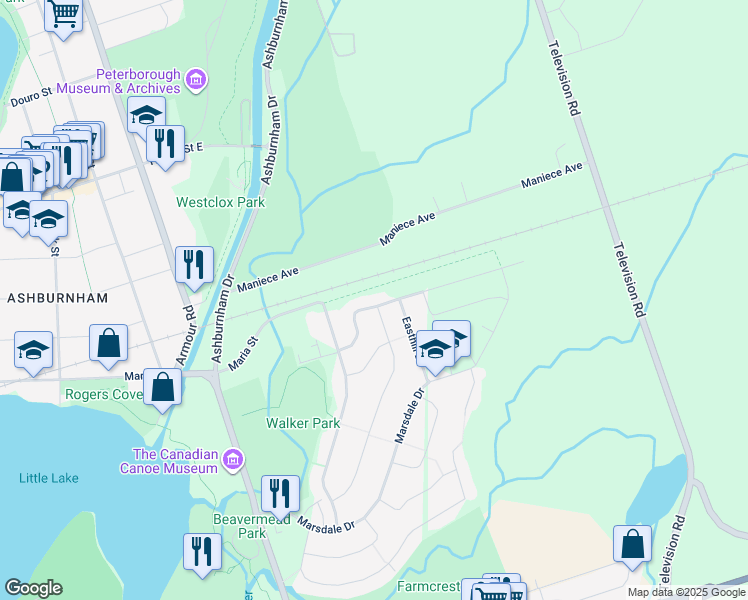 map of restaurants, bars, coffee shops, grocery stores, and more near 2185 Meadowview Road in Peterborough