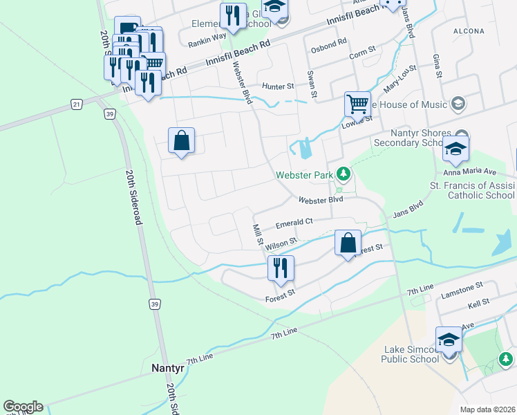 map of restaurants, bars, coffee shops, grocery stores, and more near 1942 Mill Street in Innisfil