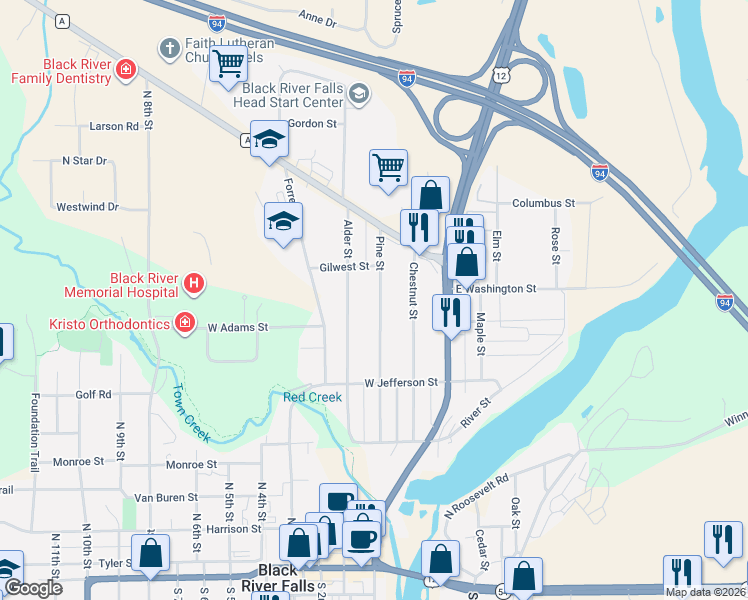 map of restaurants, bars, coffee shops, grocery stores, and more near 504 Pine Street in Black River Falls