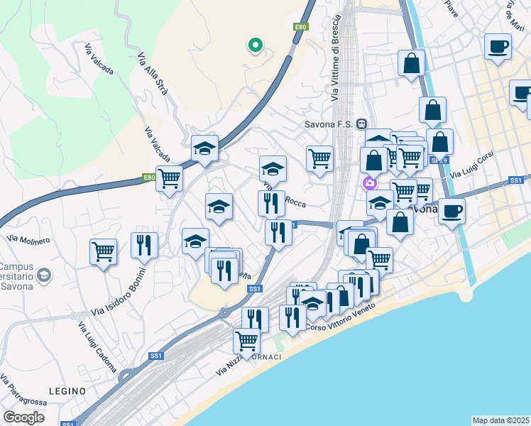 map of restaurants, bars, coffee shops, grocery stores, and more near Via Luciano Romagnoli in Savona