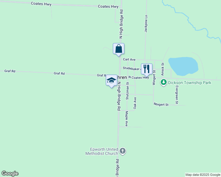 map of restaurants, bars, coffee shops, grocery stores, and more near 4400 North High Bridge Road in Brethren