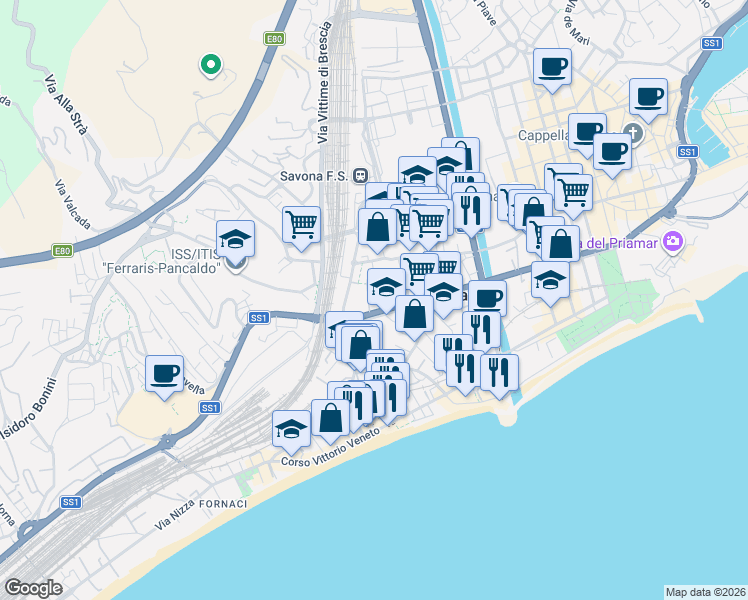 map of restaurants, bars, coffee shops, grocery stores, and more near 109 Corso Tardy e Benech in Savona